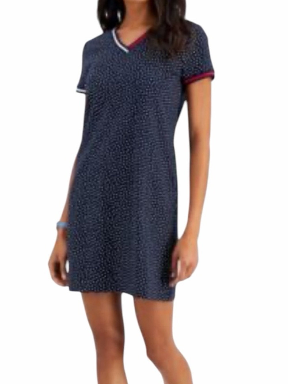 Tommy Hilfiger Navy Microdot Cotton Short Sleeve Shift Dress with Red/White Trim